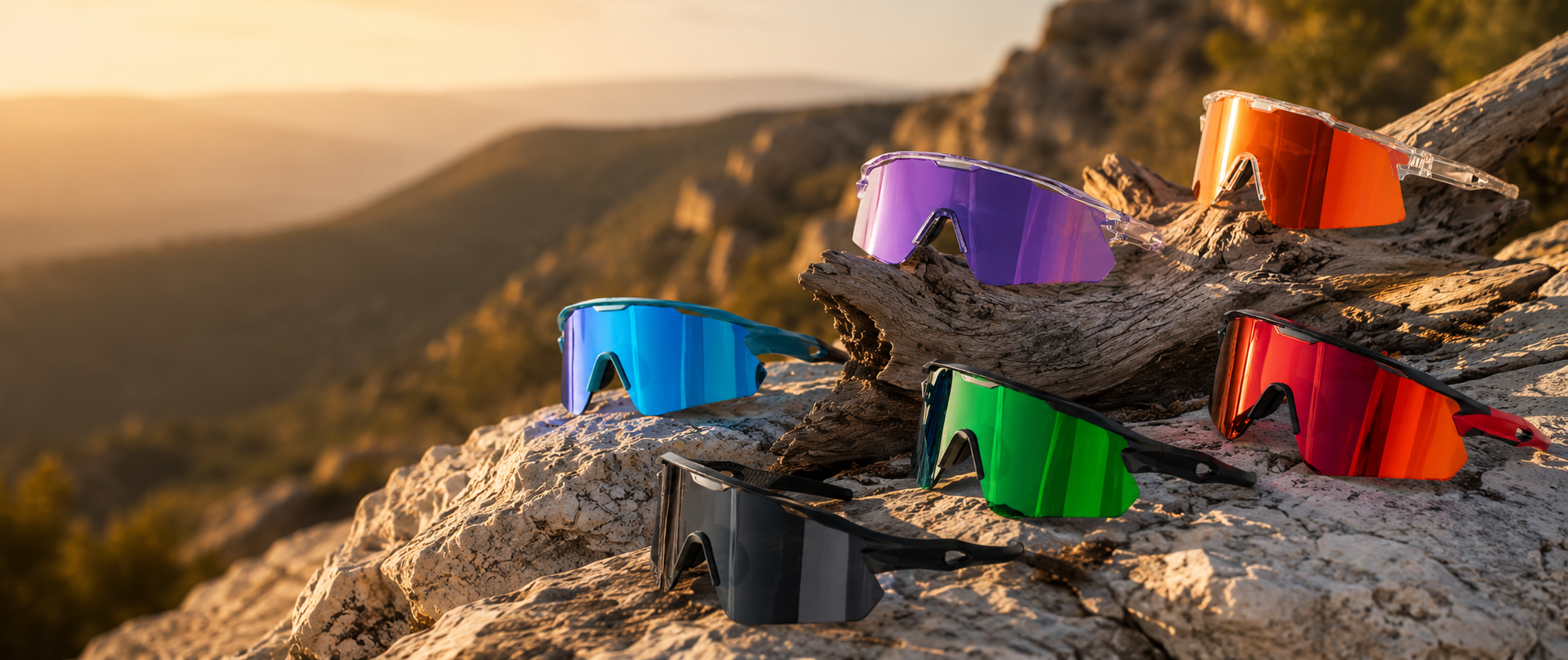 Mercuri sport sunglasses on a mountain ridge at golden hour